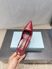 PRADA 26S POINTED TOE SLINGBACK HIGH HEELS 55MM IN DEEP WINE RED SHEEPSKIN WITH LOGO