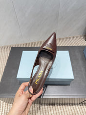 PRADA 26S POINTED TOE SLINGBACK HIGH HEELS 55MM IN DARK BROWN SHEEPSKIN WITH LOGO