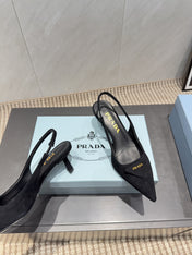 PRADA 26S POINTED TOE SLINGBACK HIGH HEELS 55MM IN BLACK SUEDE WITH LOGO