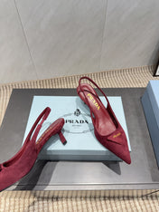 PRADA 26S POINTED TOE SLINGBACK HIGH HEELS 55MM IN DARK RED SUEDE WITH LOGO