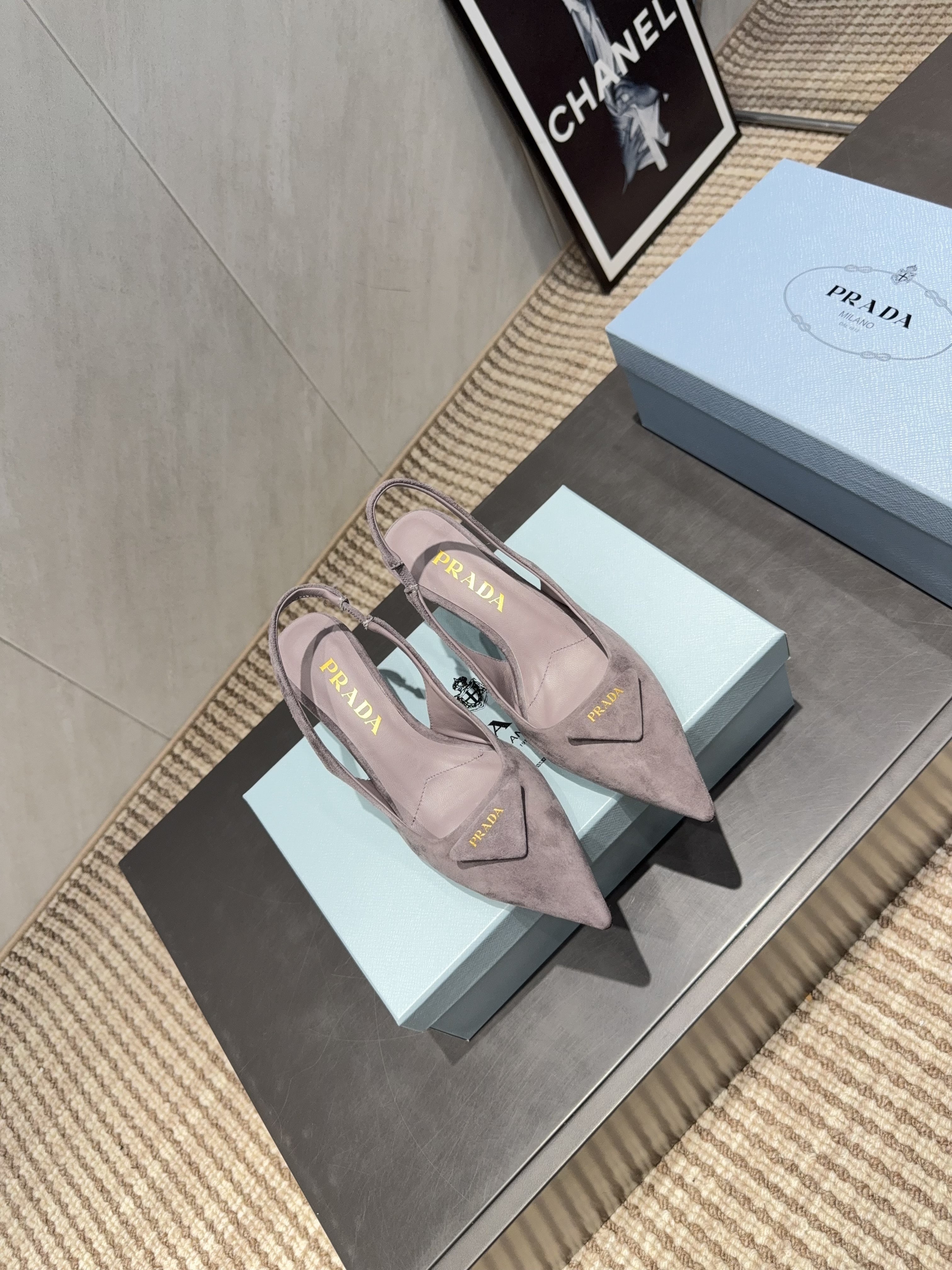 PRADA 26S POINTED TOE SLINGBACK HIGH HEELS 55MM IN TAUPE BROWN SUEDE WITH LOGO