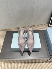 PRADA 26S POINTED TOE SLINGBACK HIGH HEELS 55MM IN TAUPE BROWN SUEDE WITH LOGO