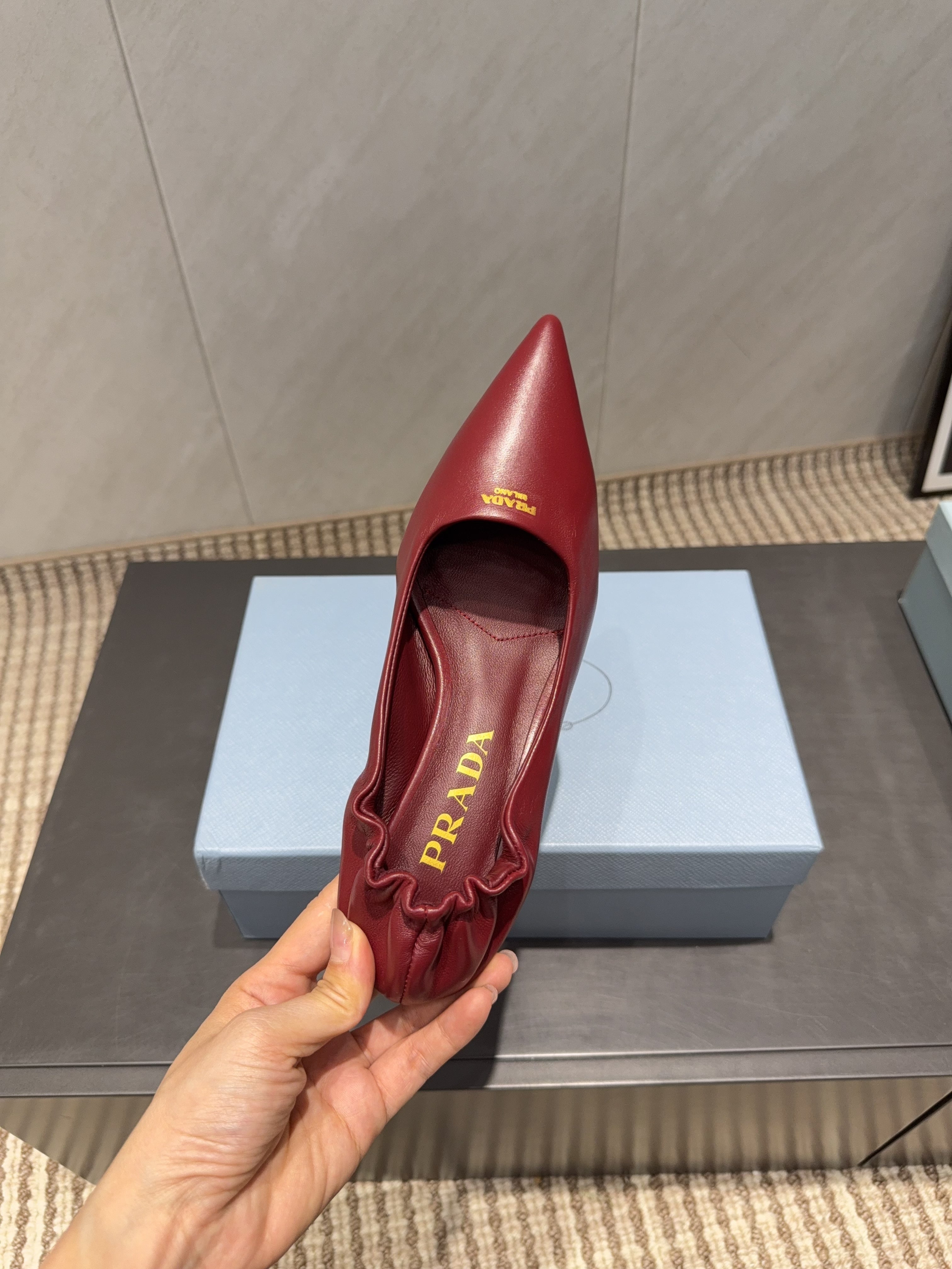 PRADA 26S POINTED TOE PUMPS 55MM IN DEEP WINE RED SHEEPSKIN WITH LOGO