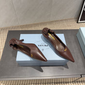 PRADA 26S POINTED TOE PUMPS 55MM IN DARK BROWN SHEEPSKIN WITH LOGO