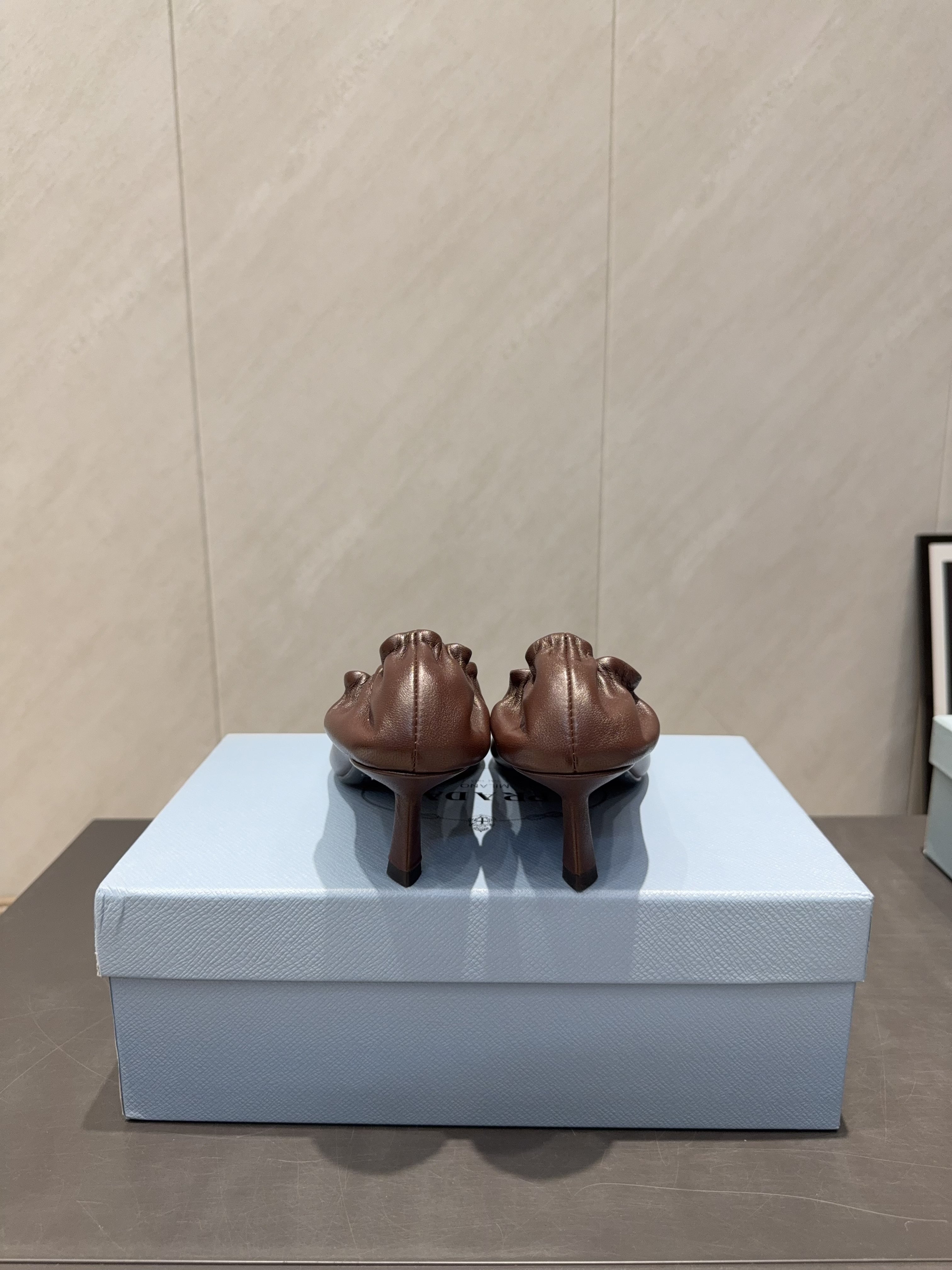 PRADA 26S POINTED TOE PUMPS 55MM IN CHOCOLATE BROWN SHEEPSKIN