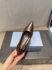 PRADA 26S POINTED TOE PUMPS 55MM IN DARK BROWN SHEEPSKIN WITH LOGO