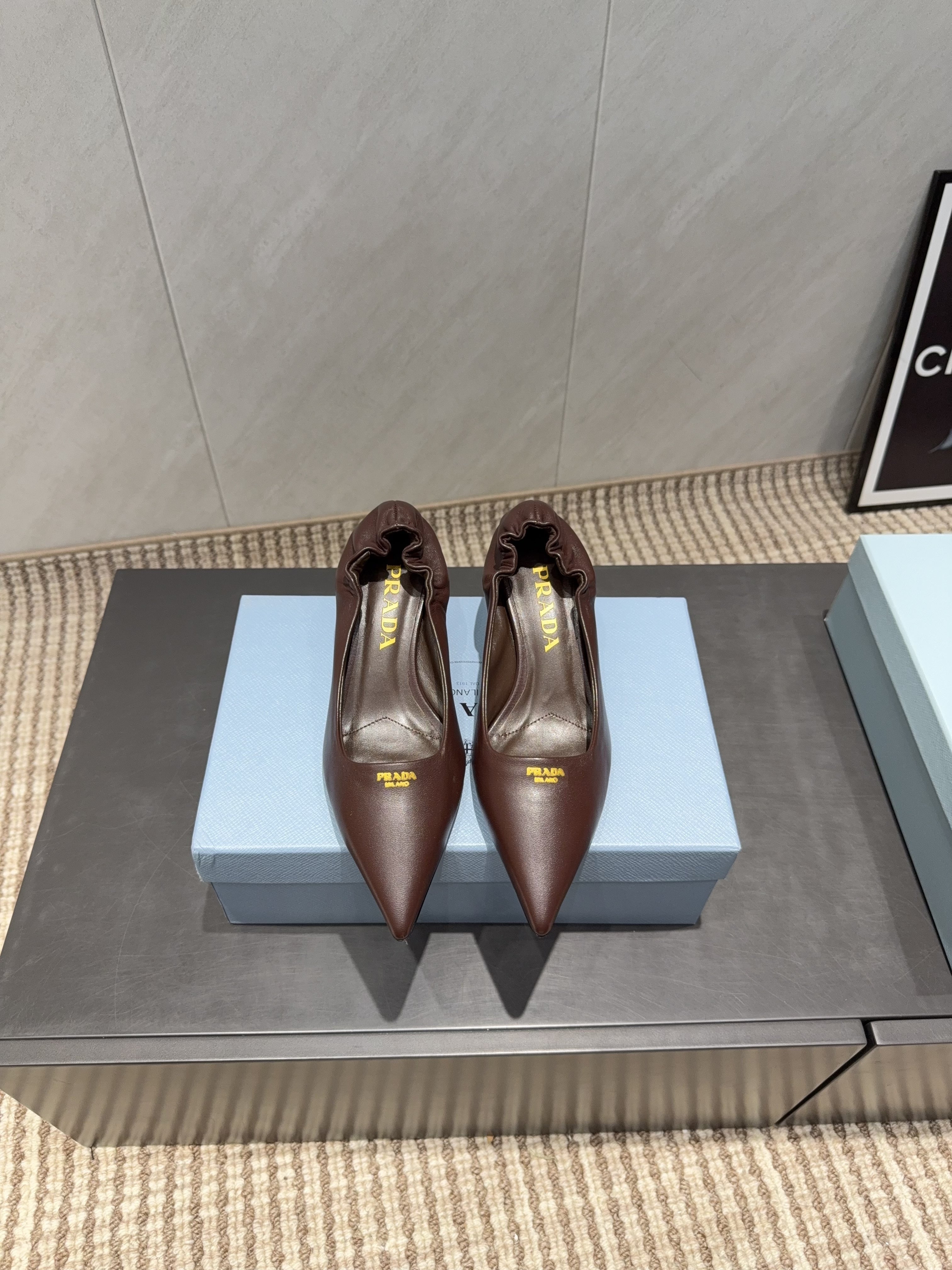 PRADA 26S POINTED TOE PUMPS 55MM IN CHOCOLATE BROWN SHEEPSKIN
