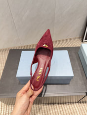 PRADA 26S POINTED TOE SLINGBACK HIGH HEELS 55MM IN DARK RED SUEDE