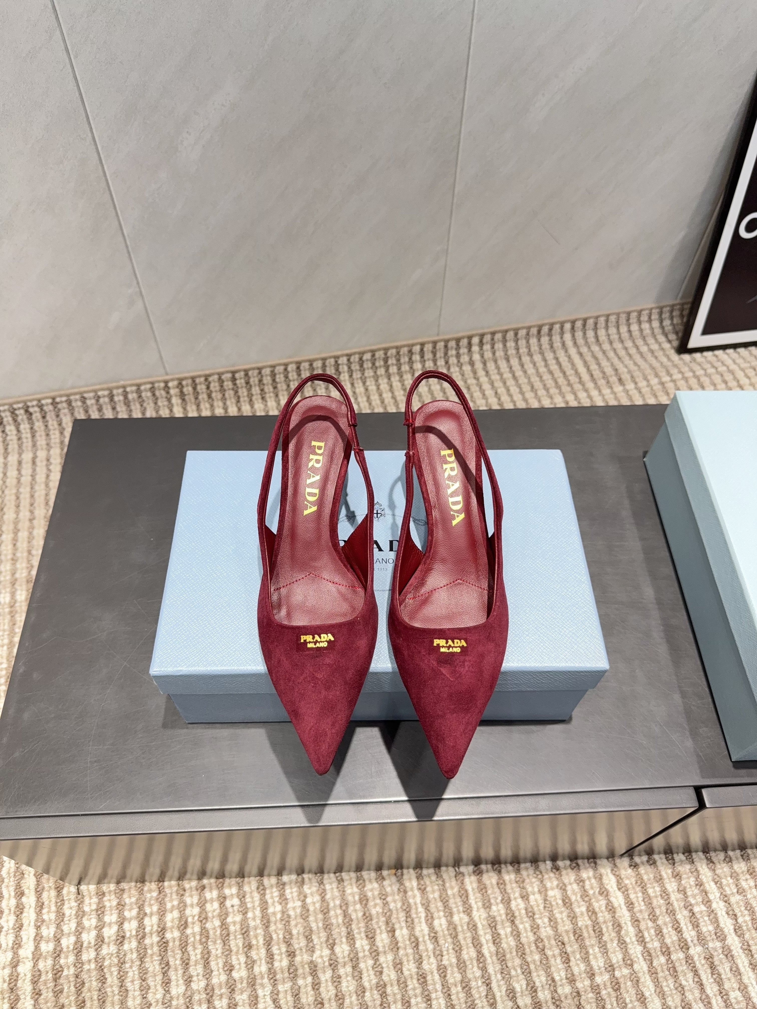 PRADA 26S POINTED TOE SLINGBACK HIGH HEELS 55MM IN DARK RED SUEDE