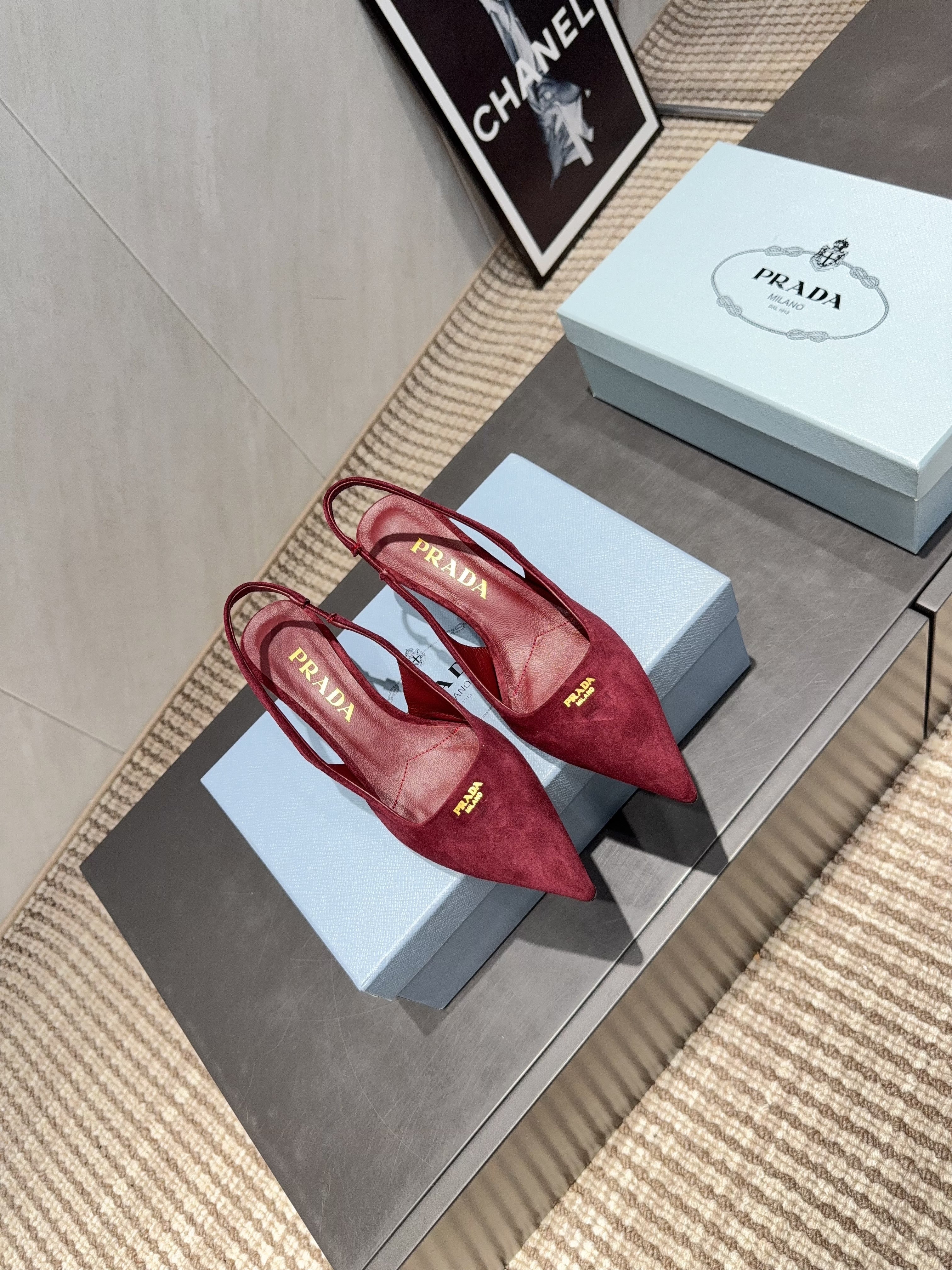 PRADA 26S POINTED TOE SLINGBACK HIGH HEELS 55MM IN DARK RED SUEDE