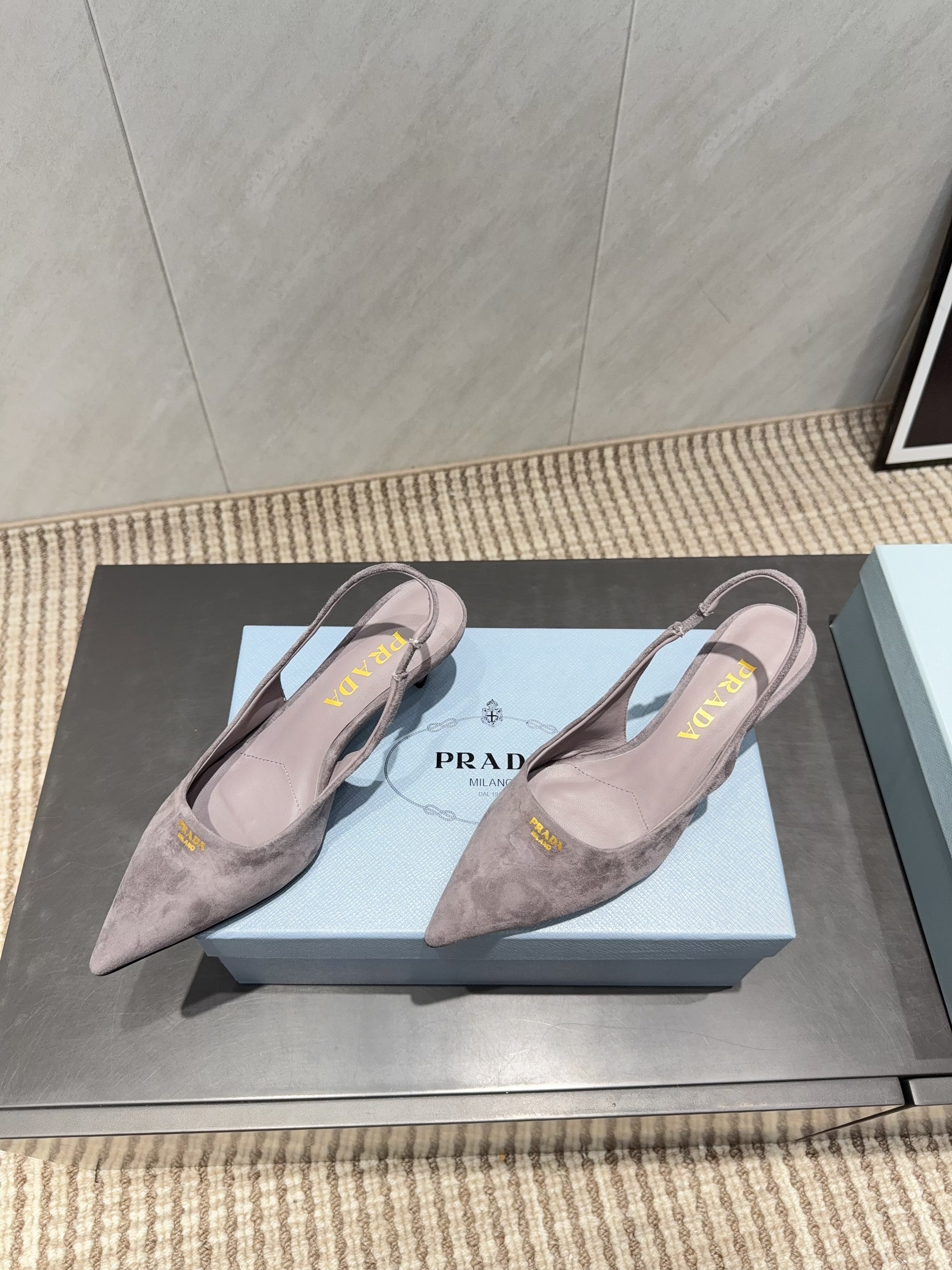 PRADA 26S POINTED TOE SLINGBACK HIGH HEELS 55MM IN TAUPE BROWN SUEDE