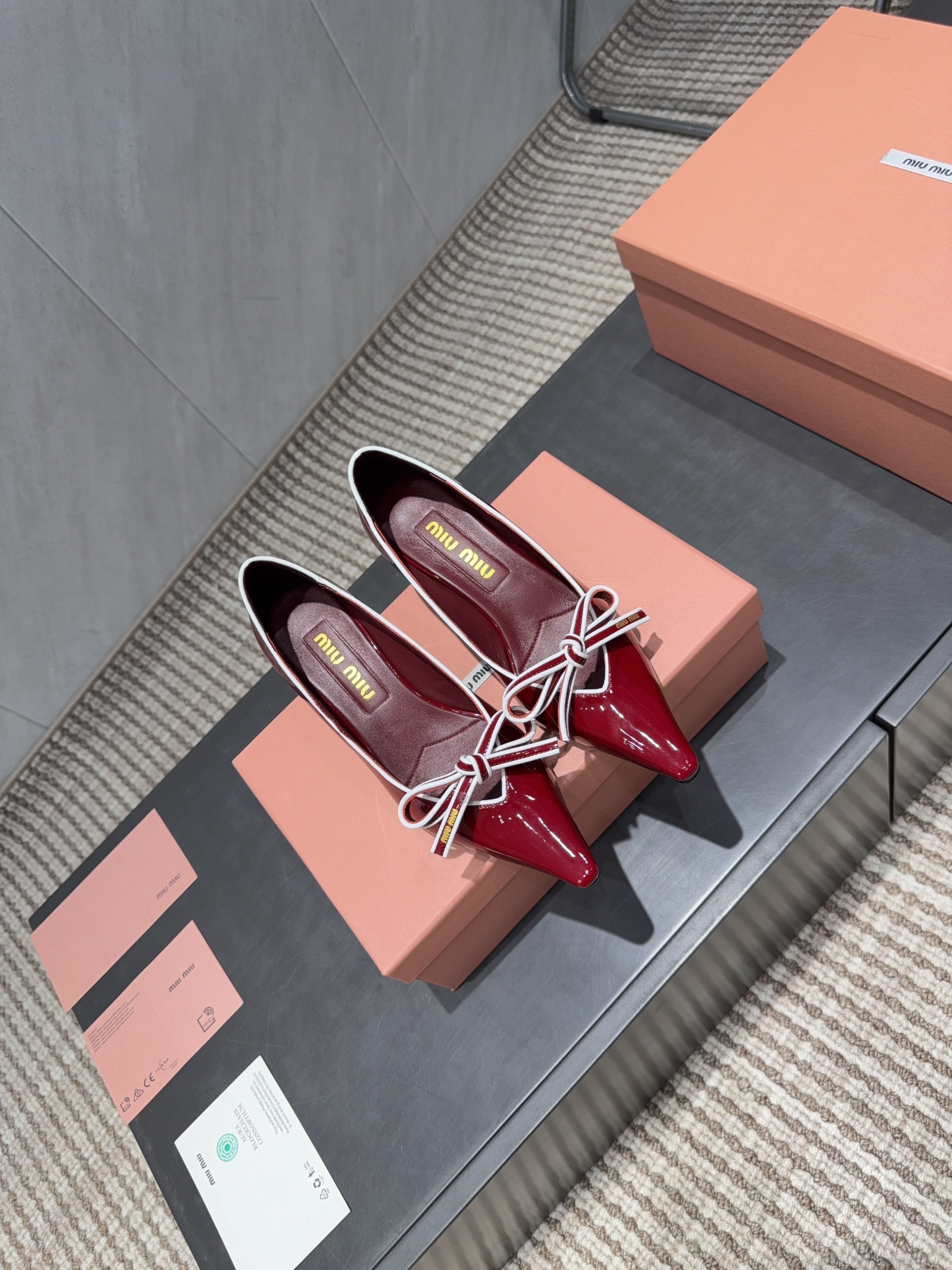 MIUMIU 26S POINTED TOE PUMPS 55MM IN DARK RED CALFSKIN WITH BOW