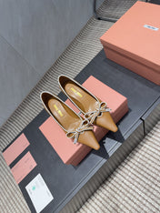 MIUMIU 26S POINTED TOE PUMPS 55MM IN CARAMEL BROWN CALFSKIN WITH BOW