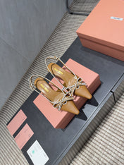 MIUMIU 26S SLINGBACK 55MM IN CARAMEL BROWN CALFSKIN WITH BOW