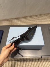 PRADA 26S POINTED TOE SLINGBACK HIGH HEELS 85MM IN BLACK CALFSKIN WITH BOW