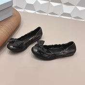 PRADA 26S ROUND TOE FLATS WITH BOW IN BLACK CALFSKIN