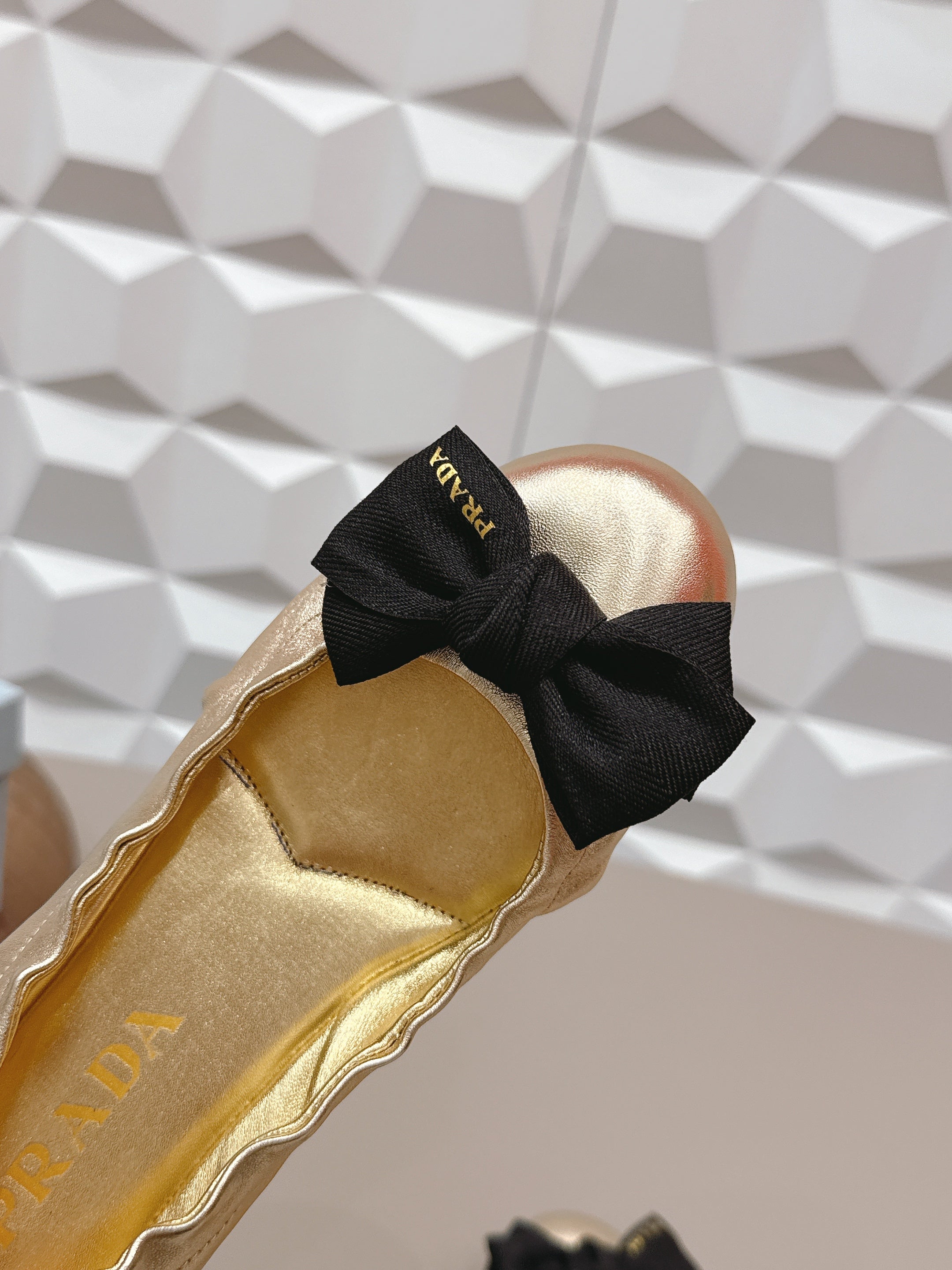 PRADA 26S ROUND TOE FLATS WITH BOW IN GOLD CALFSKIN