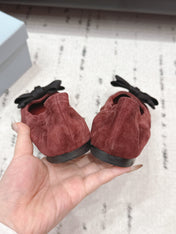 PRADA 26S ROUND TOE FLATS WITH BOW IN DARK RED SUEDE