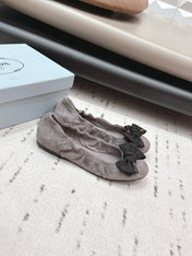 PRADA 26S ROUND TOE FLATS WITH BOW IN TAUPE BROWN SUEDE