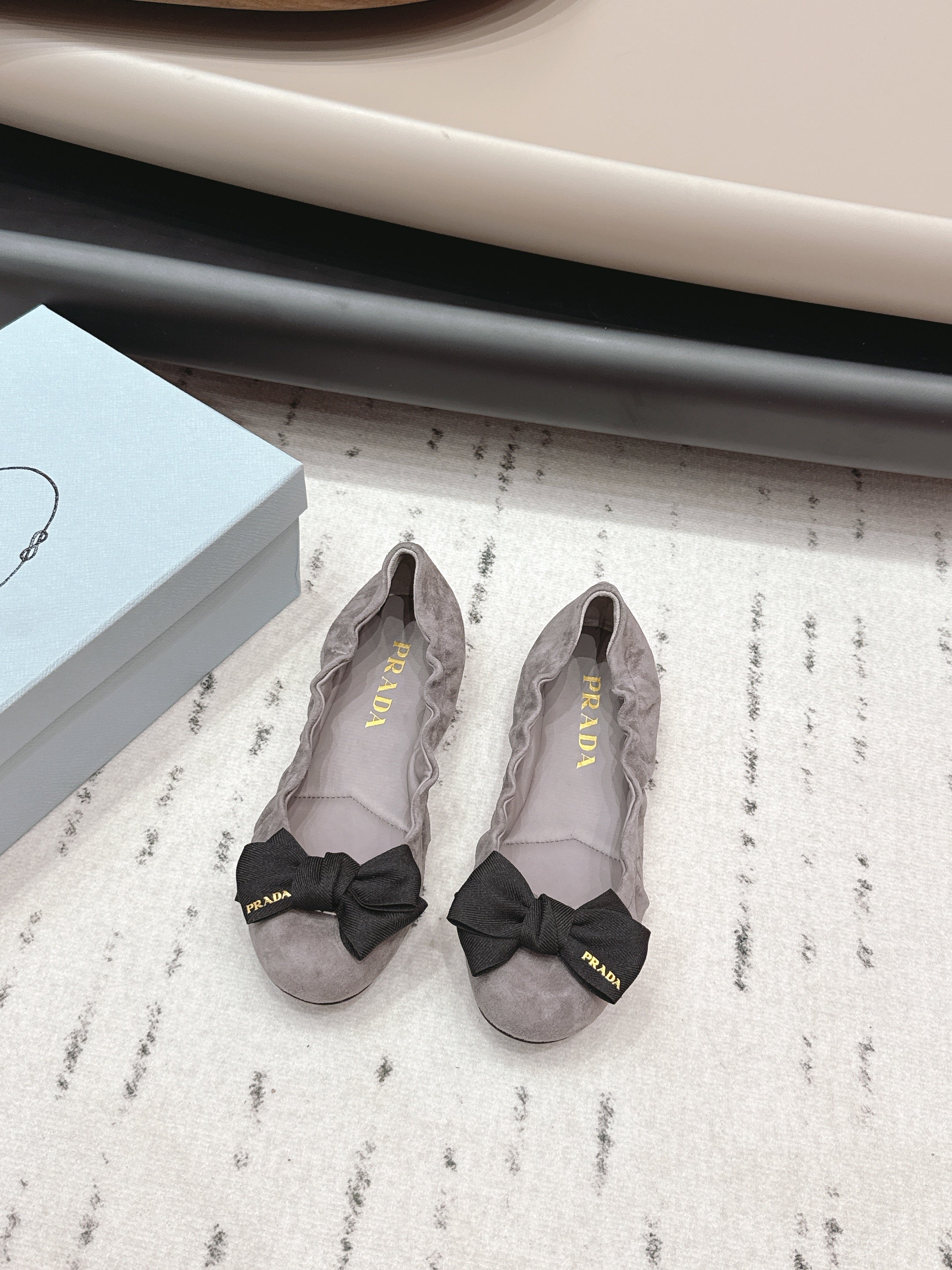 PRADA 26S ROUND TOE FLATS WITH BOW IN TAUPE BROWN SUEDE