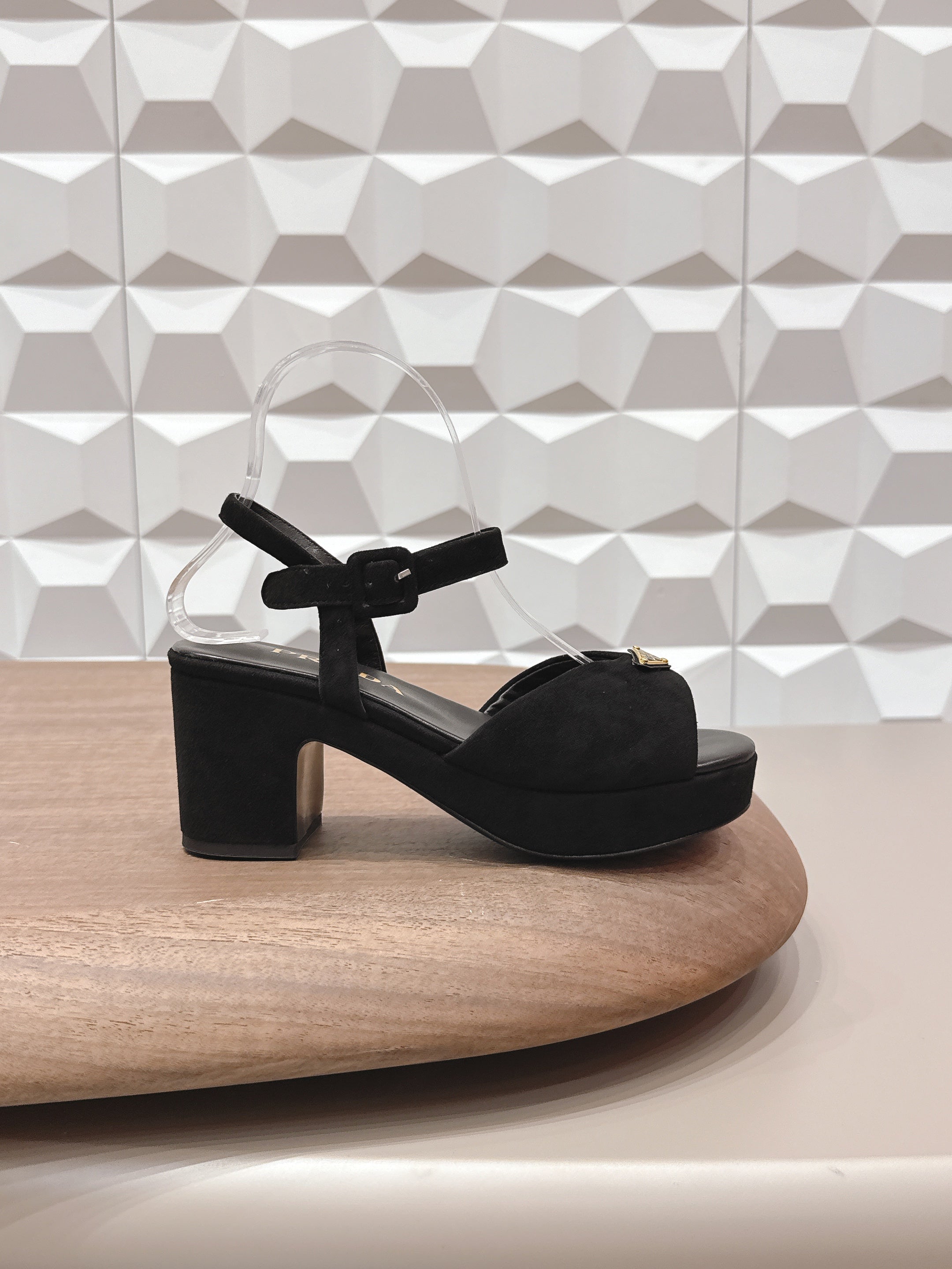 PRADA 26S HEELED SANDALS 75MM IN BLACK SUEDE WITH LOGO
