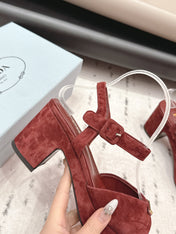 PRADA 26S HEELED SANDALS 75MM IN DARK RED SUEDE WITH LOGO