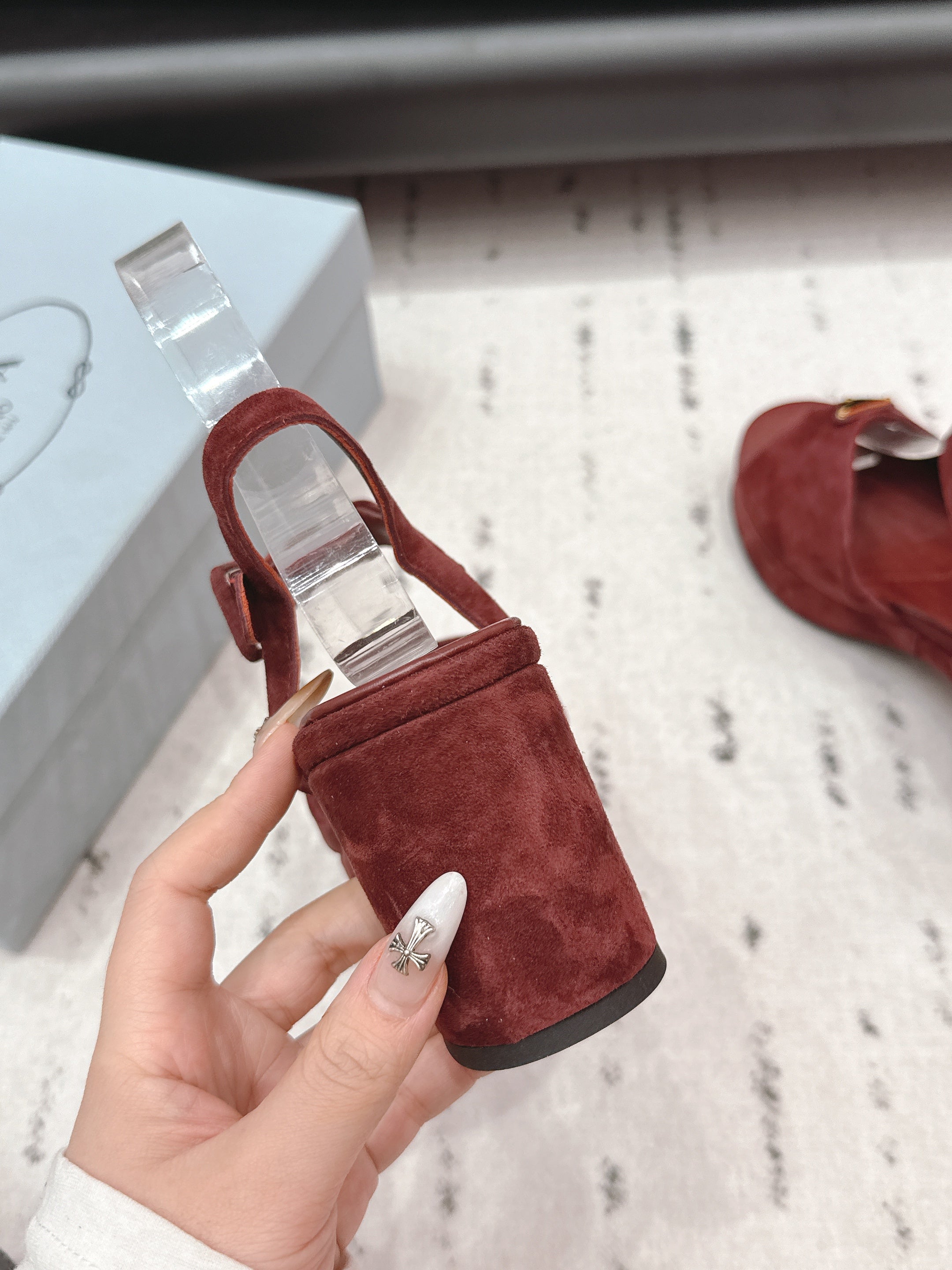 PRADA 26S HEELED SANDALS 75MM IN DARK RED SUEDE WITH LOGO