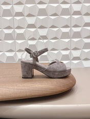 PRADA 26S HEELED SANDALS 75MM IN TAUPE BROWN SUEDE WITH LOGO