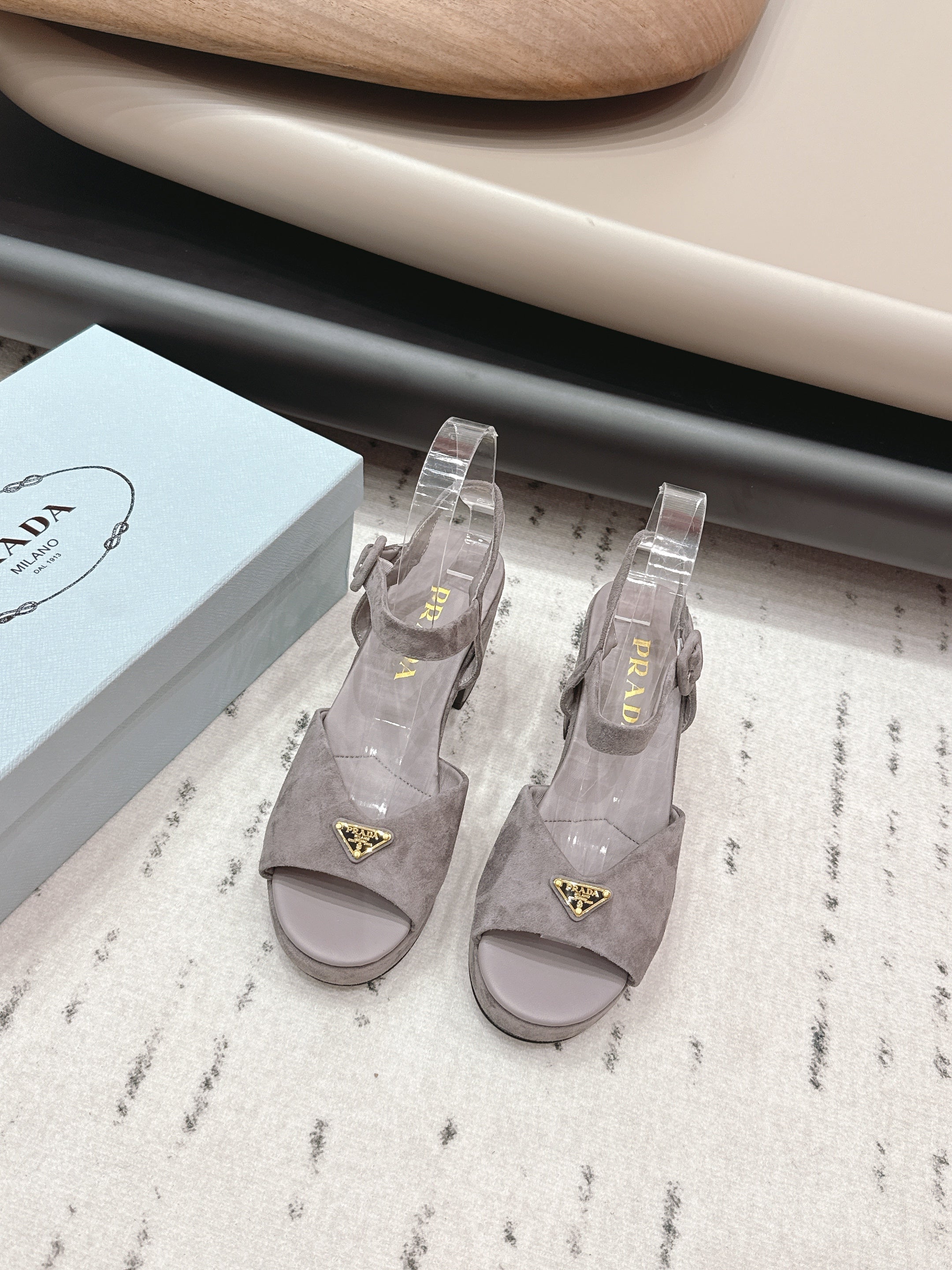 PRADA 26S HEELED SANDALS 75MM IN TAUPE BROWN SUEDE WITH LOGO
