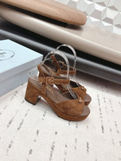 PRADA 26S HEELED SANDALS 75MM IN CARAMEL BROWN SUEDE WITH LOGO