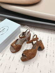 PRADA 26S HEELED SANDALS 75MM IN CARAMEL BROWN SUEDE WITH LOGO