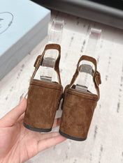 PRADA 26S HEELED SANDALS 75MM IN CARAMEL BROWN SUEDE WITH LOGO