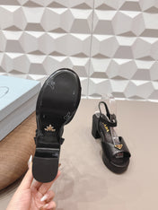 PRADA 26S HEELED SANDALS 75MM IN BLACK CALFSKIN WITH LOGO