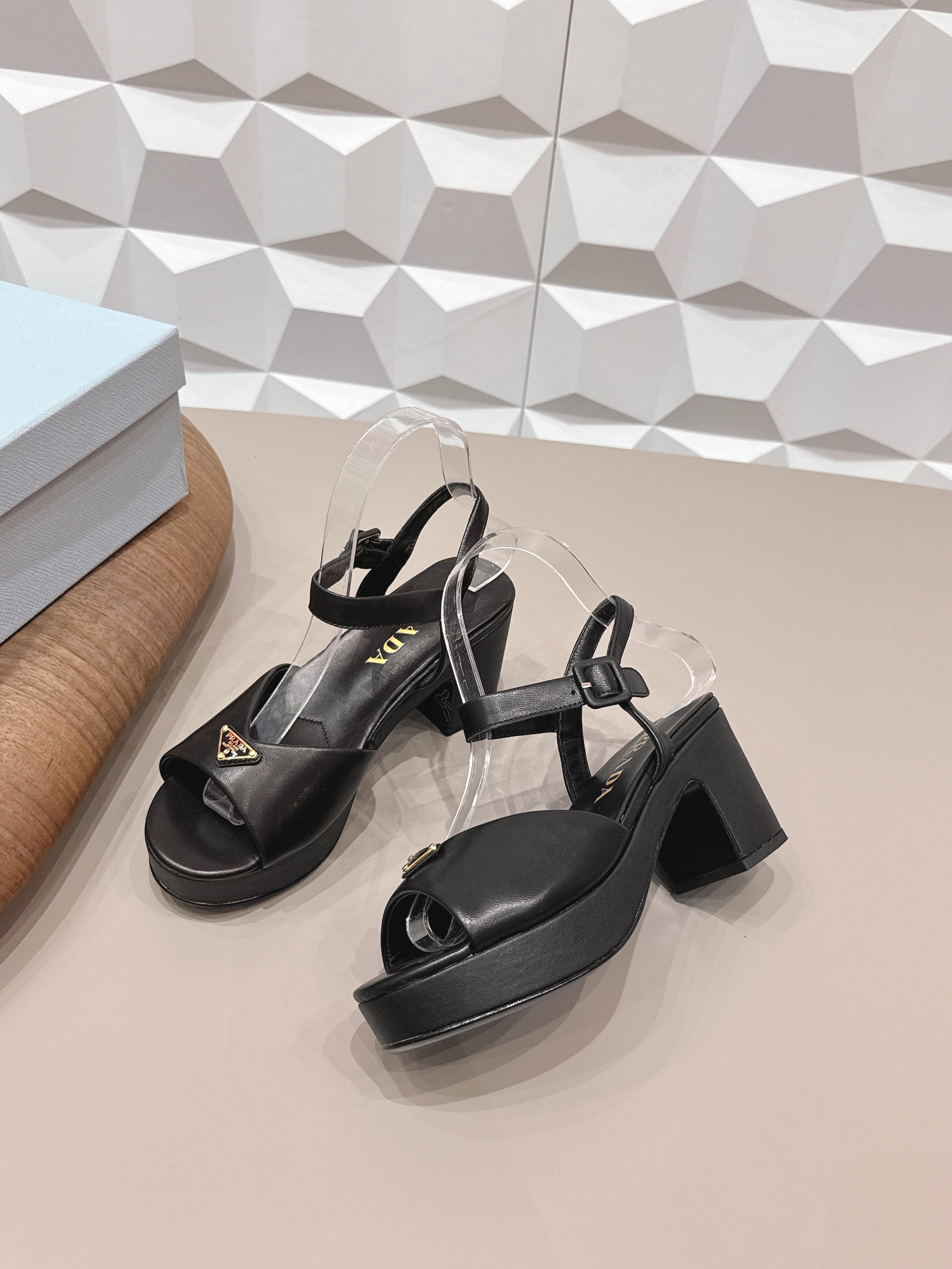 PRADA 26S HEELED SANDALS 75MM IN BLACK CALFSKIN WITH LOGO