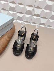 PRADA 26S HEELED SANDALS 75MM IN BLACK CALFSKIN WITH LOGO