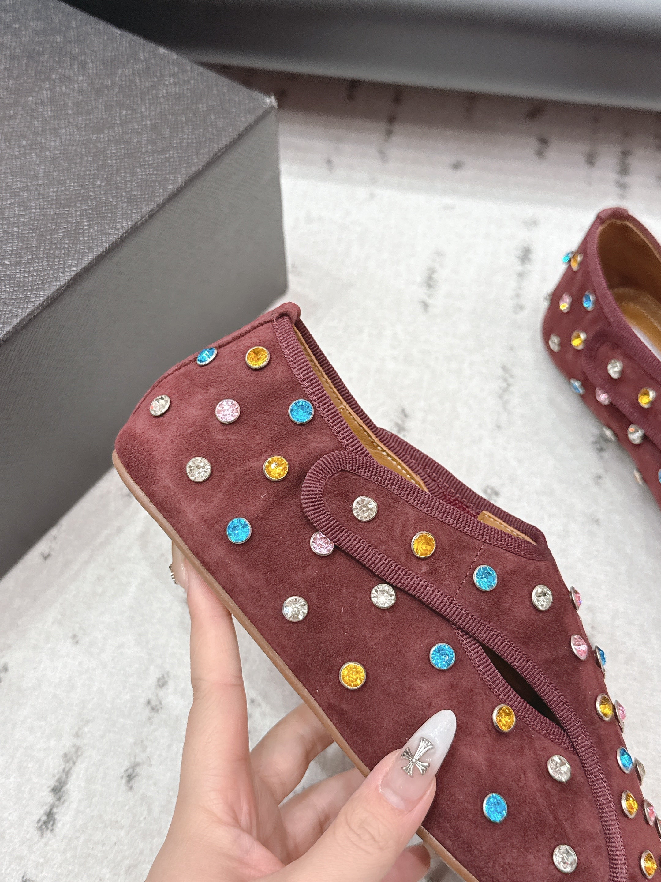 ALAIA 26S EMBELLISHED FLATS IN BROWN SUEDE