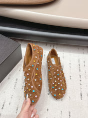 ALAIA 26S EMBELLISHED FLATS IN LIGHT BROWN SUEDE