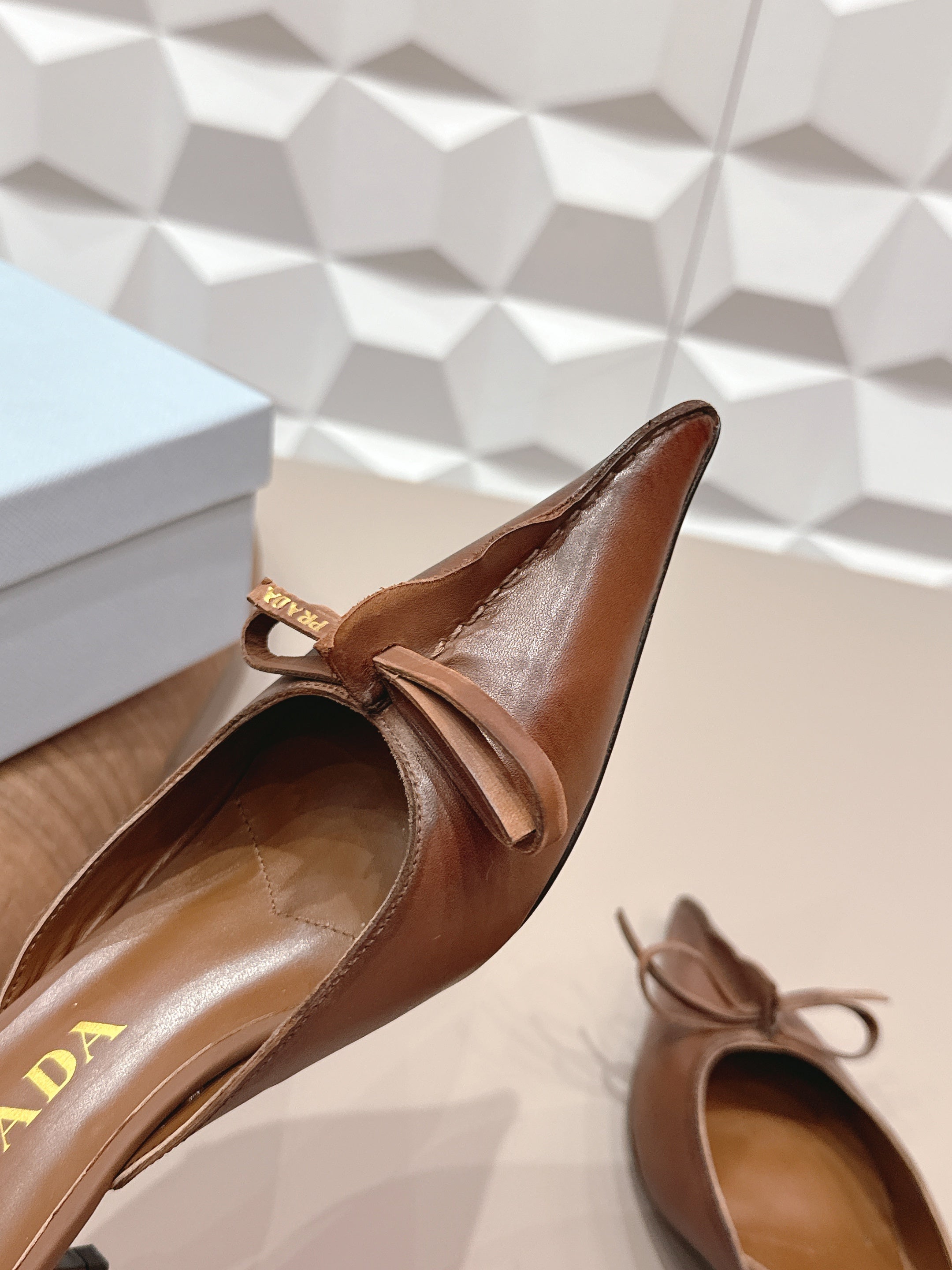 PRADA 26S POINTED TOE LACE TRIM MULES 55MM IN BROWN CALFSKIN WITH BOW