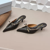 PRADA 26S POINTED TOE LACE TRIM MULES 55MM IN BLACK CALFSKIN WITH BOW