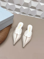 PRADA 26S POINTED TOE LACE TRIM MULES 55MM IN CREAM WHITE CALFSKIN