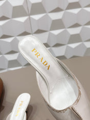 PRADA 26S POINTED TOE LACE TRIM MULES 55MM IN CREAM WHITE CALFSKIN