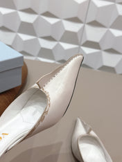 PRADA 26S POINTED TOE LACE TRIM MULES 55MM IN CREAM WHITE CALFSKIN