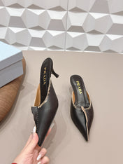 PRADA 26S POINTED TOE LACE TRIM MULES 55MM IN BLACK CALFSKIN