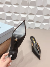 PRADA 26S POINTED TOE LACE TRIM MULES 55MM IN BLACK CALFSKIN