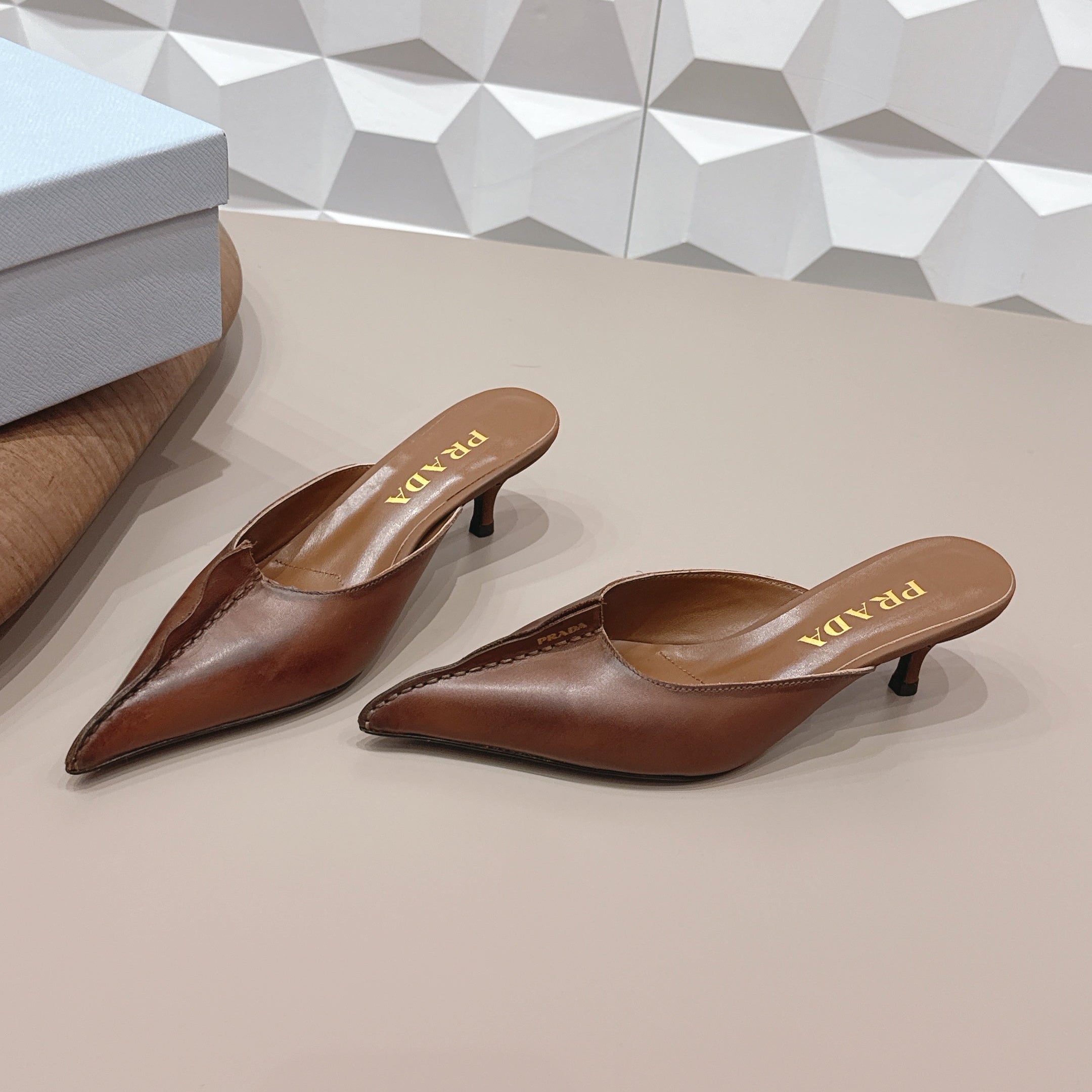 PRADA 26S POINTED TOE LACE TRIM MULES 55MM IN CARAMEL BROWN CALFSKIN