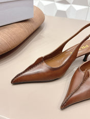 PRADA 26S POINTED TOE SLINGBACK HIGH HEELS 55MM IN BROWN CALFSKIN