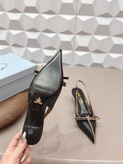 PRADA 26S POINTED TOE SLINGBACK HIGH HEELS 55MM IN BLACK CALFSKIN WITH BOW