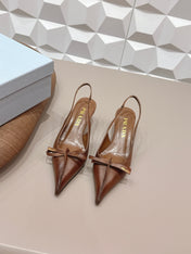 PRADA 26S POINTED TOE SLINGBACK HIGH HEELS 55MM IN BROWN CALFSKIN WITH BOW