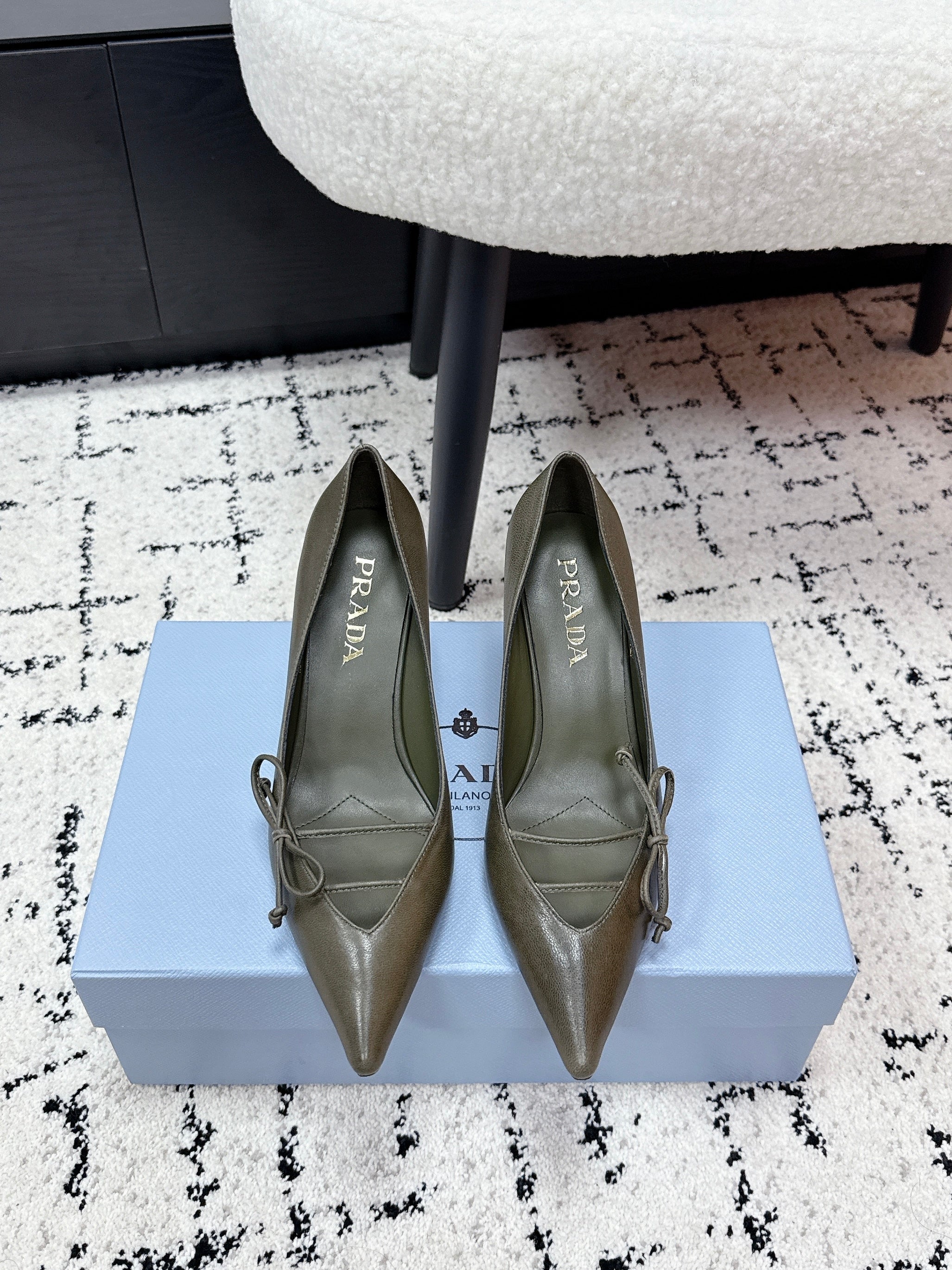 PRADA 26S POINTED-TOE HIGH HEELS 75MM IN OLIVE BROWN CALFSKIN