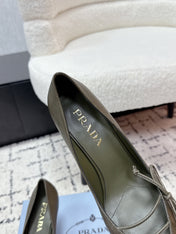 PRADA 26S POINTED-TOE HIGH HEELS 75MM IN OLIVE BROWN CALFSKIN